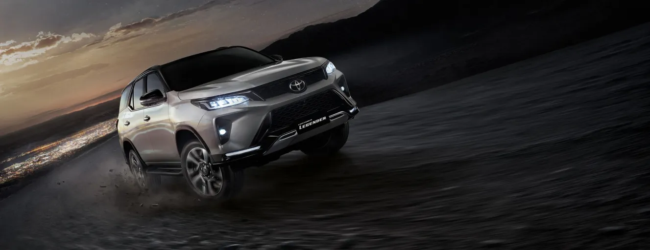 Front angle view of a silver Toyota Fortuner